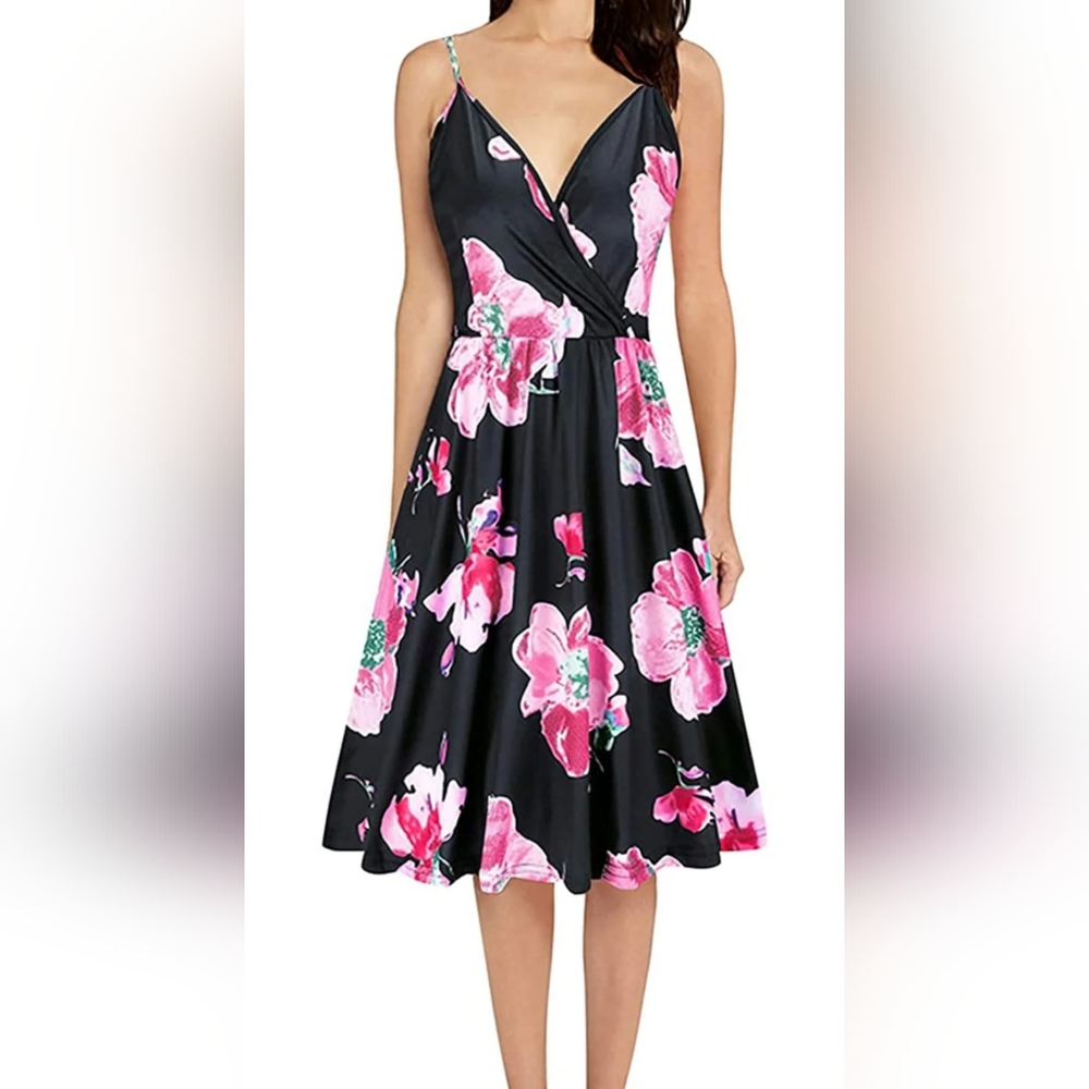 Votepretty Women's Floral V-neck Spaghetti Strap Sundress With Pockets